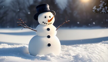Snowman in field of Snow with Falling Snow