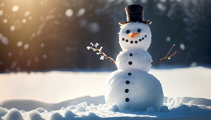 Snowman in field of Snow with Falling Snow