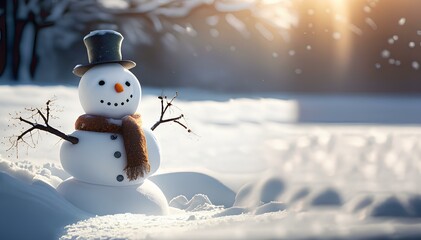 Snowman in field of Snow with Falling Snow