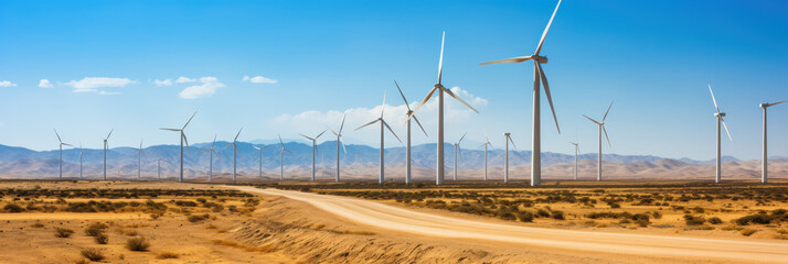 Wind turbines in the desert, alternative energy sources in the sands and mountains, green eco energy banner - obrazy, fototapety, plakaty