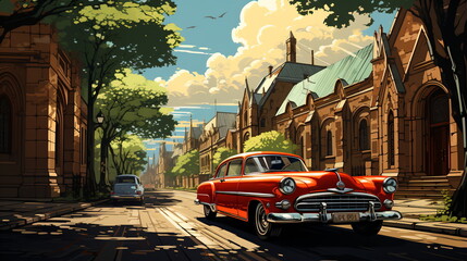 Obraz premium Retro car parked in old European city street