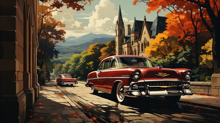 Retro car parked in old European city street