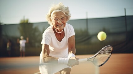 Happy senior woman playing tennis as recreational activity after during their active retirement. - obrazy, fototapety, plakaty