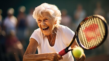 Happy senior woman playing tennis as recreational activity after during their active retirement.