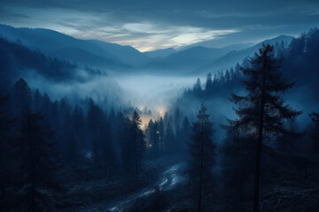 Mystical mysterious fog over the forest tops overlooking the mountains at sunset