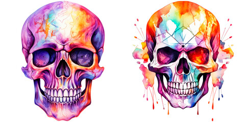 Set of watercolor colorful skull