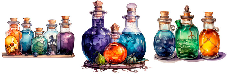 Set of watercolor halloween potion bottles