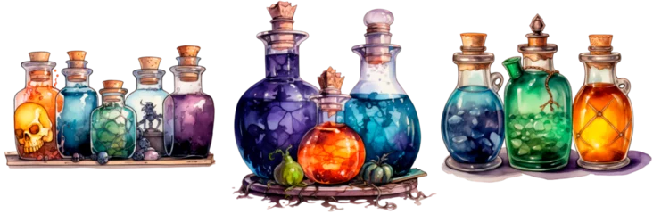 Foto op Plexiglas Aquarel doodshoofd Set of watercolor halloween potion bottles
