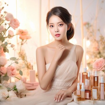 close-up beautiful girl in natural makeup style with an elegant makeup table. For beauty skincare products or cosmetics.