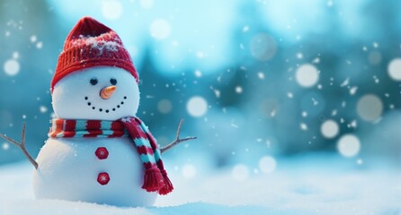Naklejka na ściany i meble A snowman wearing a festive red hat and scarf