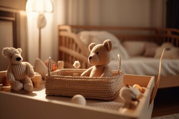 Toy bear on table with opened crib in cozy home bedroom, surrounded by baby toys against blurred interior. Generative AI - obrazy, fototapety, plakaty