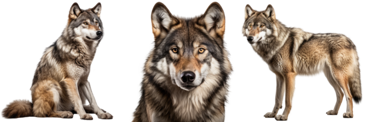 grey wolf collection (sitting, portrait, standing), animal bundle isolated on a white background as transparent PNG