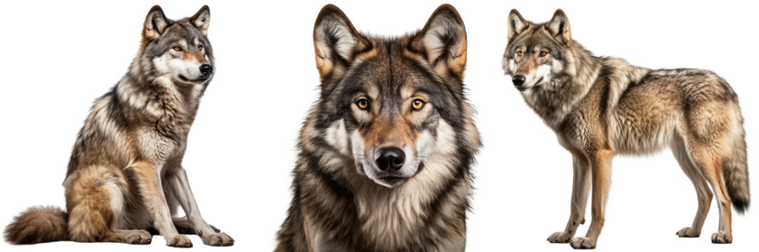grey wolf collection (sitting, portrait, standing), animal bundle isolated on a white background as transparent PNG