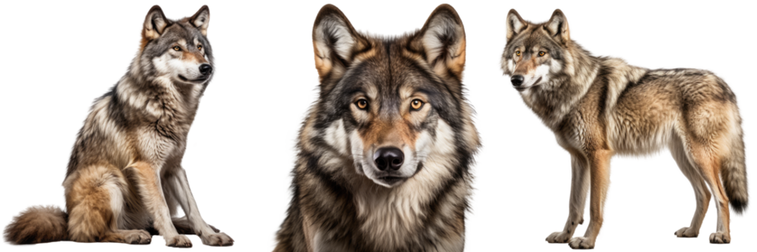 grey wolf collection (sitting, portrait, standing), animal bundle isolated on a white background as transparent PNG