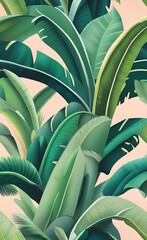 Tropical trees wallpaper design, banana leaf, landscape, pastel tones, mural art, Generative AI 