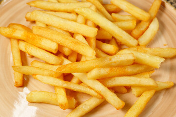 Potatoes chips, French Fries Background, Close Up. Selective focus