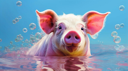 Bubble Pig! A cute little calm bubble pig taking a bath to keep himself clean. AI generated