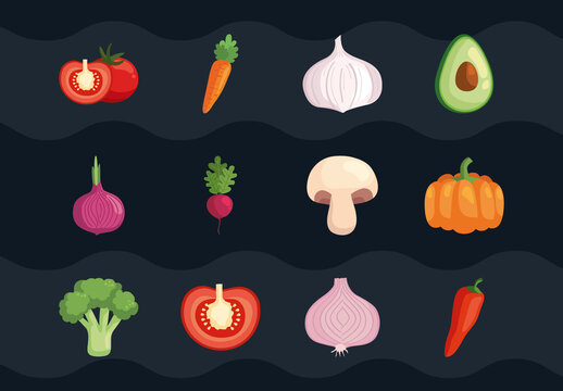 Colorful Fresh Vegetables and Fruits Icon Set