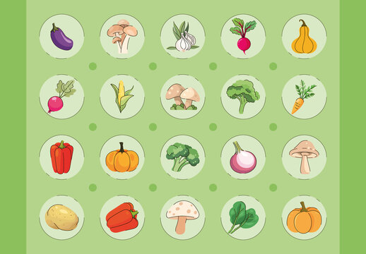 Fresh Organic Vegetables and Mushrooms Icons Set