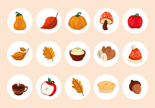 Brown and Red Autumn Harvest Leaves Food Thanksgiving Illustrations Set