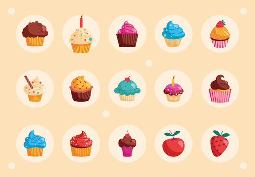 Colorful Sweet Cupcakes and Desserts Icons Set