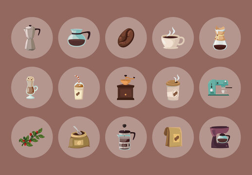 Brown Coffee Espresso Cappuccino Brewing Drinks Icons Set