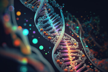 3d render abstract DNA strand made of spheres. Complex gene concept made of glossy simple primitives. Science and medical theme. - obrazy, fototapety, plakaty