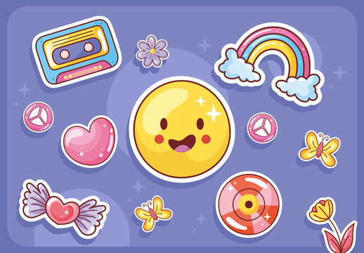 Purple and Yellow Cute Retro Aesthetic Sticker Icon Set