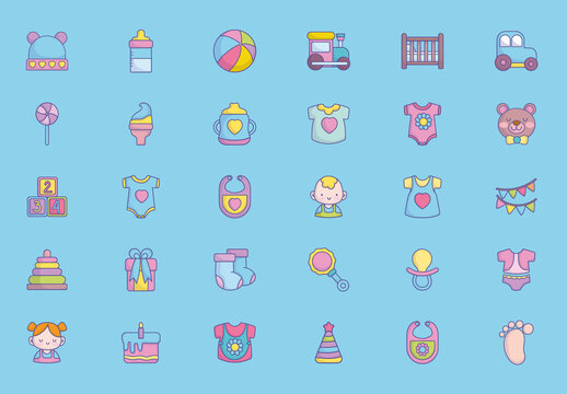 Blue and Pastel Pink Baby Icons Set Cute Minimal Flat Vector