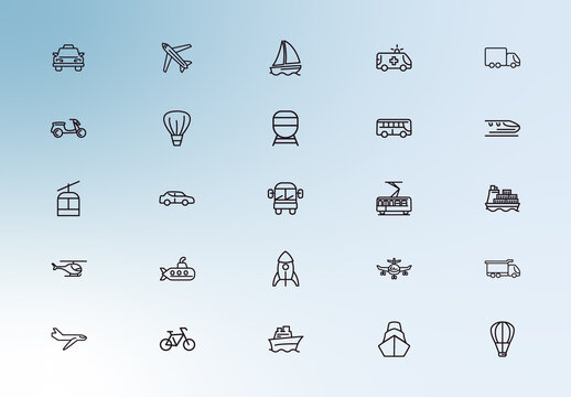 Blue Minimalist Transportation and Vehicle Icons Set