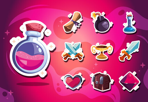 Pink and Purple Fantasy RPG Stickers Magical Gaming Icons Set