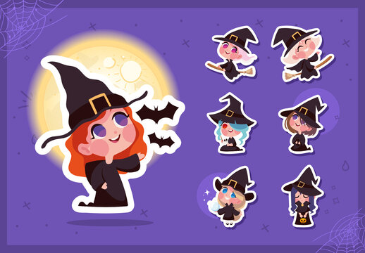 Cute Cartoon Halloween Witch Sticker Set