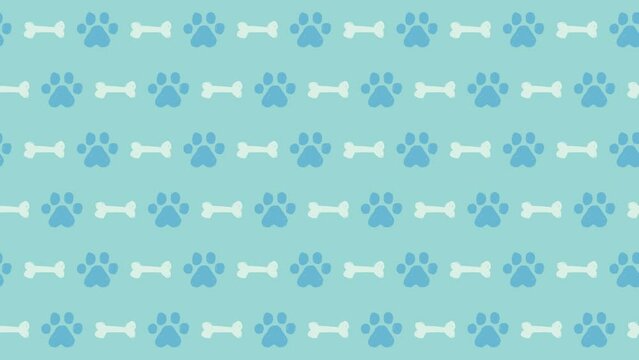 犬の肉球の手描きイラストパターン背景（ブルー）6秒ループ