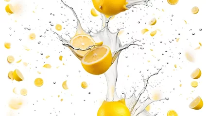 Foto auf Glas Splash liquid lemonade, pour or swirl it with realistic drops. © SJarkCube