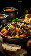 Beef meat stewed with potatoes, carrots and spices in ceramic pot