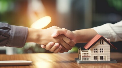 lease, rental and selling home. Dealership manager handshake customer to the new homeowner. rent house, Sales, loan credit financial, insurance, Seller, dealer, installment gen by AI - obrazy, fototapety, plakaty