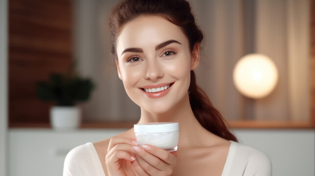 Beautiful woman smile use cream for good skin. face of a healthy woman apply cream and makeup. Advertisement for skin cream, anti-wrinkle, baby face, whitening, moisturizer, tighten pores serum