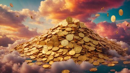 Pile of golden coins on the colorful clouds and blue sky, Business and finance concept. ai generative