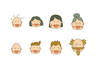 Family vector icons set in thin line style. Happy faces set. Family. Grandparents, mother, father, children. Vector.