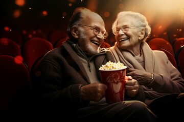 Happy senior couple watching movie on red seats in the movie theater background.