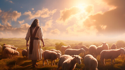 Jesus Christ in a field with sheep