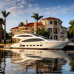 Luxury yacht in front of a mansion. Generative ai. 