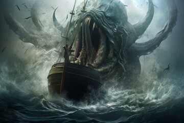 Picture captures a fishing boat amidst the engulfing tentacles of a massive sea creature. Generative AI