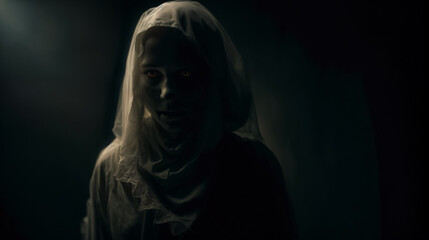 Fototapeta na wymiar A veiled woman with glowing golden eyes. Dark background, horror. Disfigured face. Generative AI
