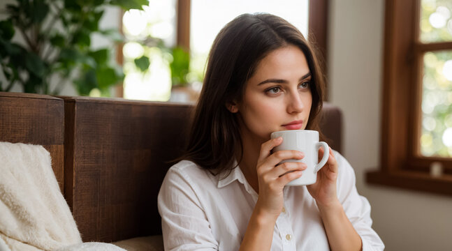 A brown-haired woman in a white blouse enjoys a cup of coffee while sitting on a sofa against a window and plants on a bright day. Generative AI