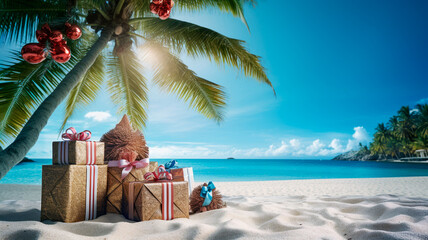 christmas tree and gift boxes on the beach - obrazy, fototapety, plakaty