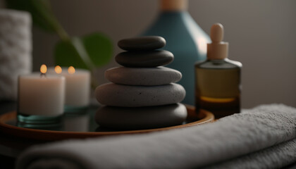 Stack of stone and towels are on table with blur lighting candles background in Zen spa room to prepare for treatment a customer with a natural hygiene wellness healthy spa.