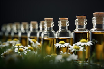 Bottles of extract of daisy argan oil for skin care and aroma spa .