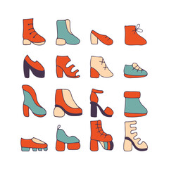 set of different bright shoes. summer, winter, demi-season shoes. all Seasons. Modern boots. vector illustration.
