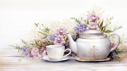 Fototapeta na wymiar cup, tea, flower, flowers, white, drink, coffee, pink, saucer, spring, bouquet, rose, vase, breakfast, 